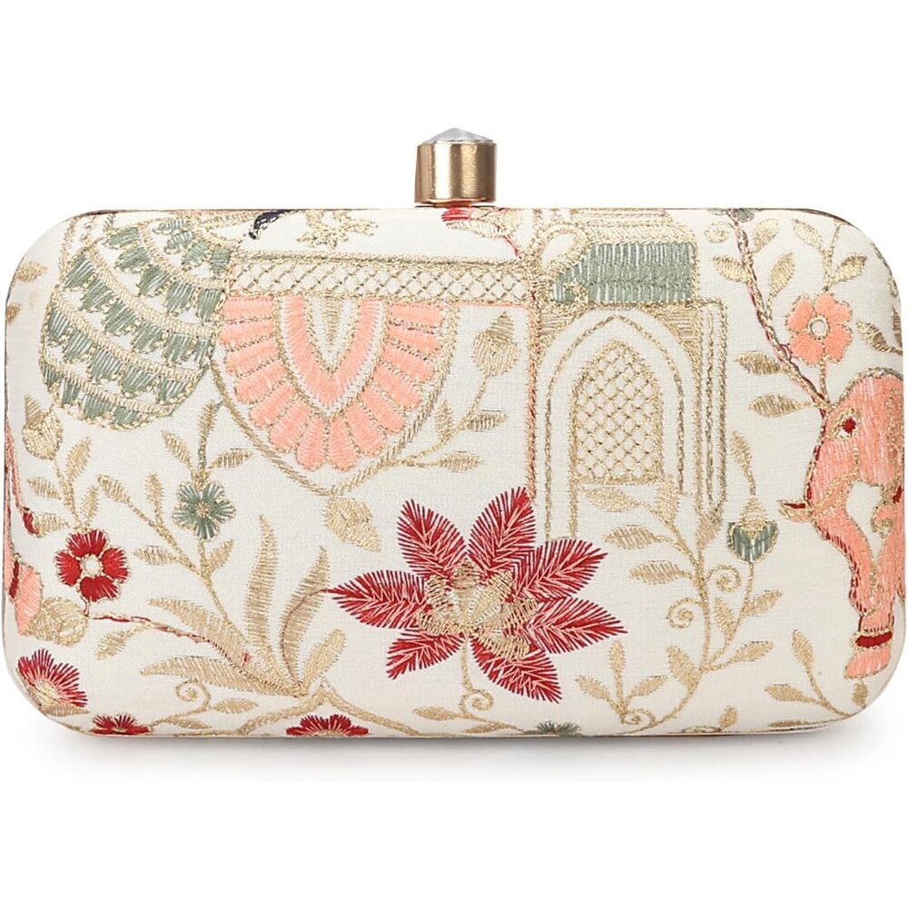 Handcrafted Zari Embroidery Box Clutch - Elegant Evening Purse in Cream - Picture 3 of 7